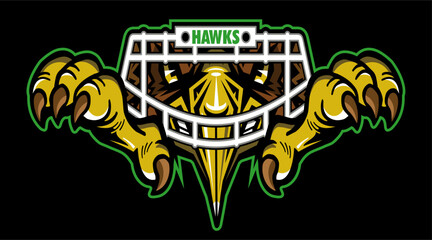 hawks mascot wearing football facemask and claws for school, college or league sports