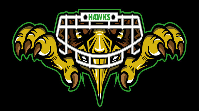 hawks mascot wearing football facemask and claws for school, college or league sports