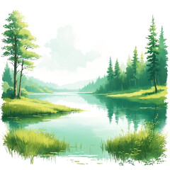 A serene scene of a calm lake surrounded by trees and grass. The body of water is reflecting the lush green landscape, creating a beautiful and peaceful atmosphere.