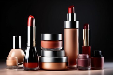 Glamorous makeup collection showcasing a range of colorful eyeshadows, glossy lipsticks, and luxury brushes, isolated. Collection of cosmetics and makeup products on a table with a black background