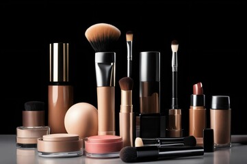 Glamorous makeup collection showcasing a range of colorful eyeshadows, glossy lipsticks, and luxury brushes, isolated. Collection of cosmetics and makeup products on a table with a black background
