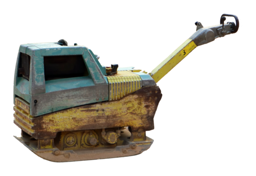 This piece of heavy machinery is utilized for compacting various surfaces during construction. It operates outdoors, efficiently enhancing ground stability.