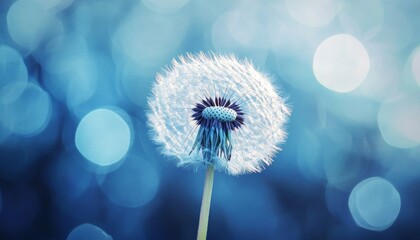 Fototapeta premium Close up photography of a dandelion against a blue nature background capturing delicate details