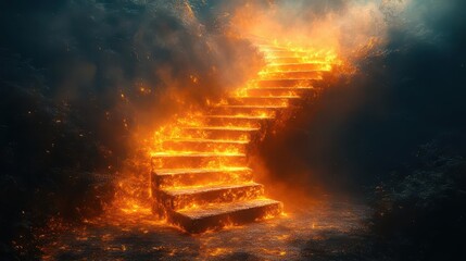 mysterious staircase bathed in ethereal light leading upwards into a misty dreamlike environment