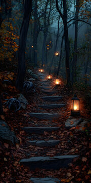 Dark Forest Path with Glowing Lanterns and Lurking Creatures