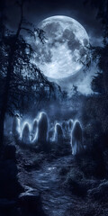 Fototapeta premium Dark Forest with Ghostly Apparitions and Full Moon