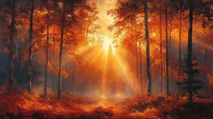 Obraz premium mystical autumn forest bathed in golden light mist hovers above the vibrant canopy creating an enchanting interplay of light and shadow among the rich warm hues of changing leaves