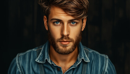 Obraz premium Portrait of a young man with a beard in a denim shirt against a wooden wall.