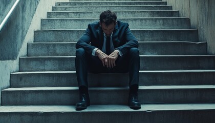 Exhausted businessman in distress  a visual representation of overwork and stress on concrete stairs