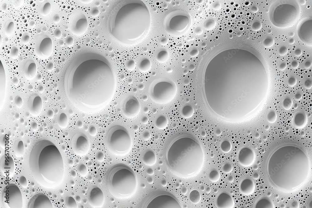 Poster an intricate pattern formed by droplets of different sizes merging on a surface, creating a complex 