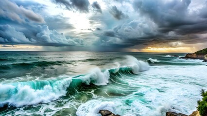 Fototapeta premium dark waves crashing beneath stormy clouds in the ocean