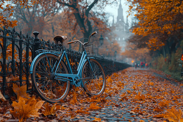 Fototapeta premium A vintage bicycle leaning against a fence, with a background of fallen leaves and autumnal hues. Concept of nostalgic fall imagery and outdoor life.
