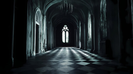 Fototapeta premium Dark hallway room in the inside of a gothic dark abandoned castle. Abandoned. Illustration