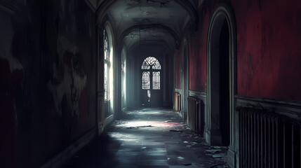Dark hallway room in the inside of a gothic dark abandoned castle. Abandoned. Illustration