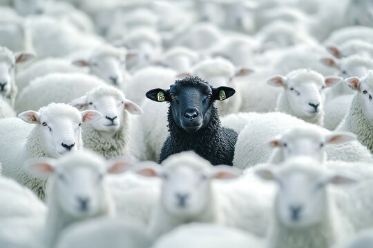 A unique black sheep among white sheep  symbolizing individuality in a sea of conformity
