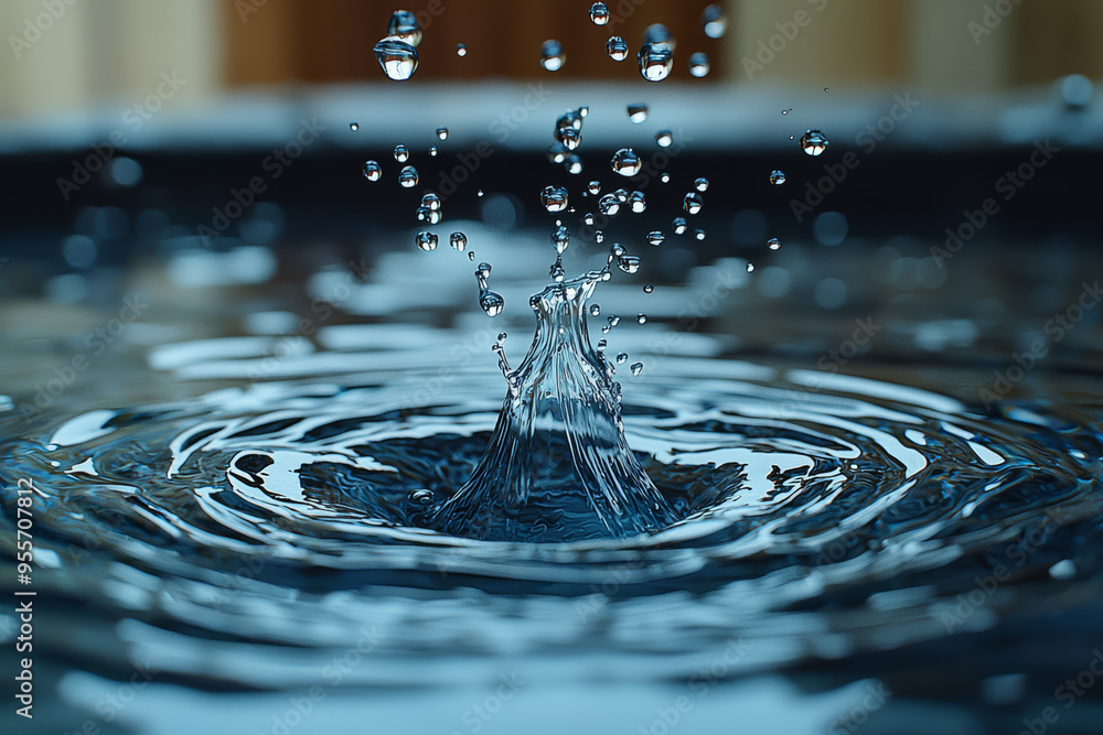 Poster a slow-motion capture of a droplet breaking the surface of a still pool, sending out intricate rippl