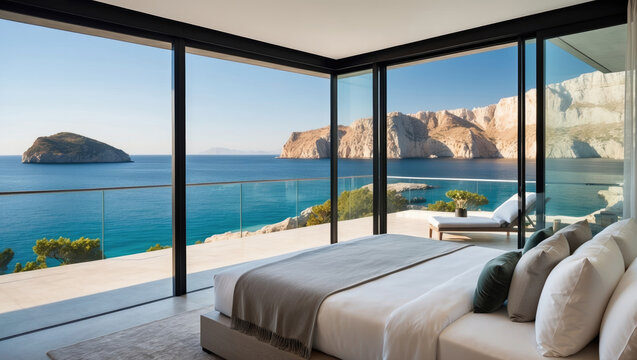 elegant and minimalist bedroom on a luxury terrace with breathtaking view through a large window on a tropical lagoon