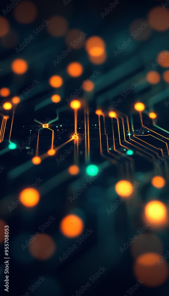 Poster minimalist circuit board design representing corporate connectivity with glowing lights and links