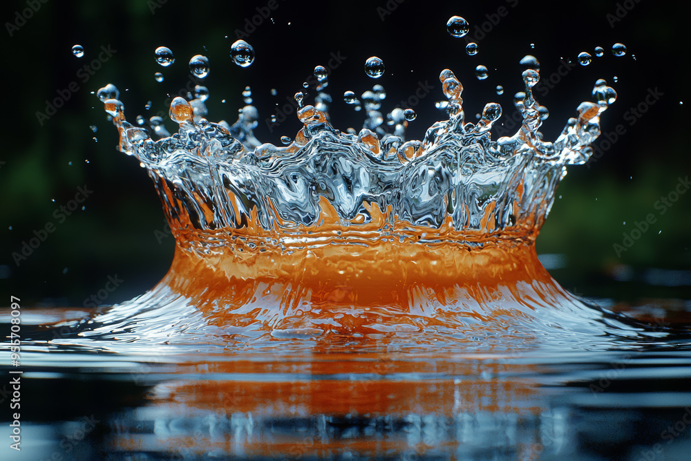 Poster a series of droplets hitting a surface simultaneously, creating a synchronized splash effect. concep