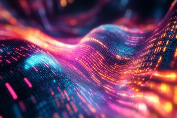 Vibrant neon binary code grid against dynamic swirling abstract shapes background