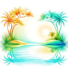 Obraz premium A beautiful tropical scene with a body of water, possibly a lake or a river, surrounded by lush green palm trees.