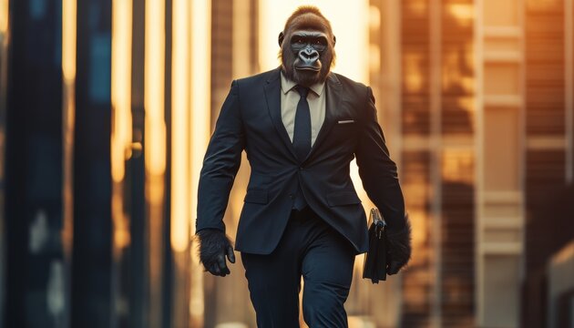 Confident gorilla businessman in suit strides through city, symbolizing success and leadership