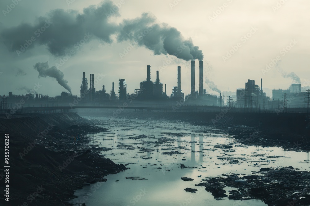 Aufkleber a dense layer of smog blankets the city skyline, with silhouetted factories and a river choked with 