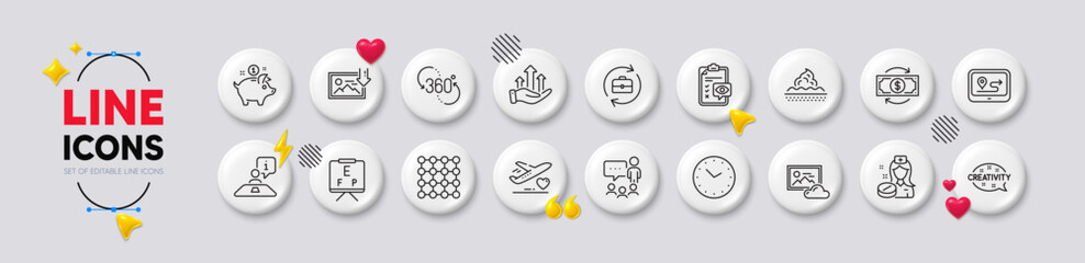 360 degree, Eye checklist and Skin care line icons. White buttons 3d icons. Pack of Gps, Interview, People chatting icon. Time, Money change, Download photo pictogram. Vector