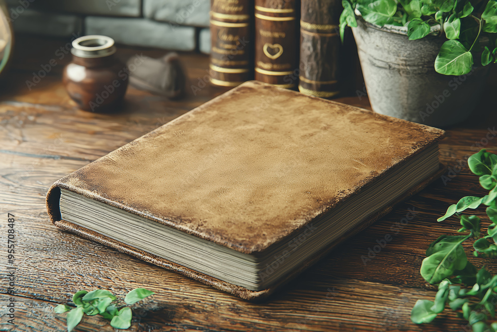 Poster a plain, beige notebook with an unmarked cover resting on a desk, emphasizing simplicity in producti
