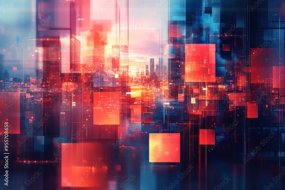 Fototapete abstract technology background featuring geometric shapes and blurred cityscape for text placement
