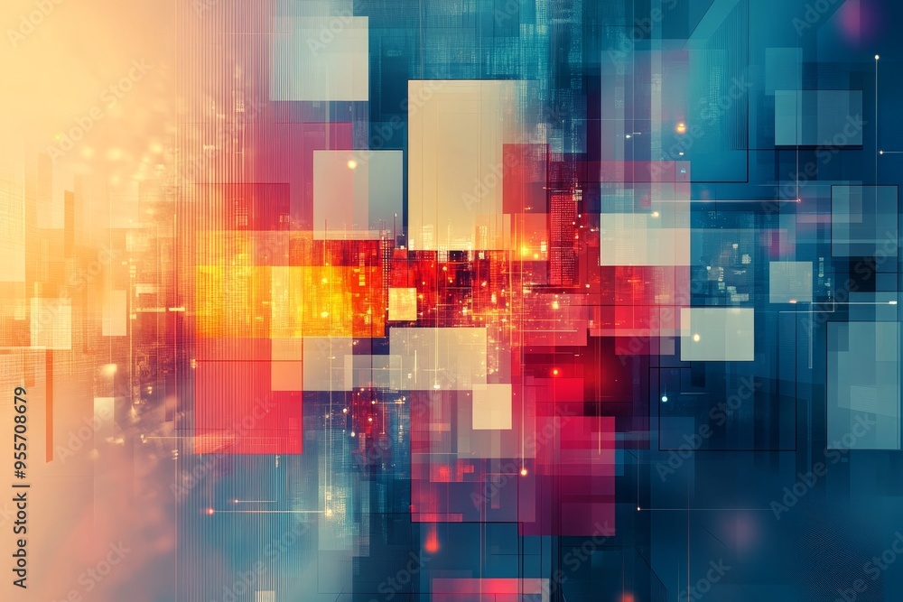 Poster abstract technology background with geometric shapes and blurred cityscape for text space