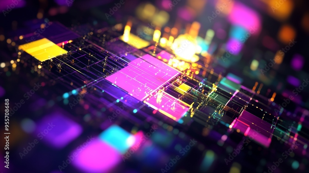 Poster intricate cyberpunk mosaic of colorful squares on black background with dynamic light effects