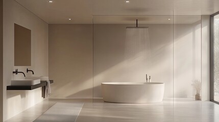 A contemporary bathroom showcasing a large walk-in shower and a standalone bathtub, framed by minimalist finishes.