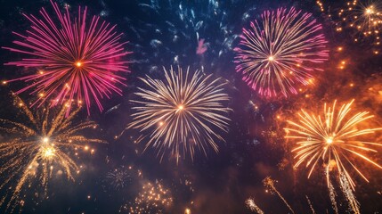 Naklejka premium Beautiful fireworks at night during a holiday. Fireworks exploding in the air full of lights and sparkle in celebration of the special day.