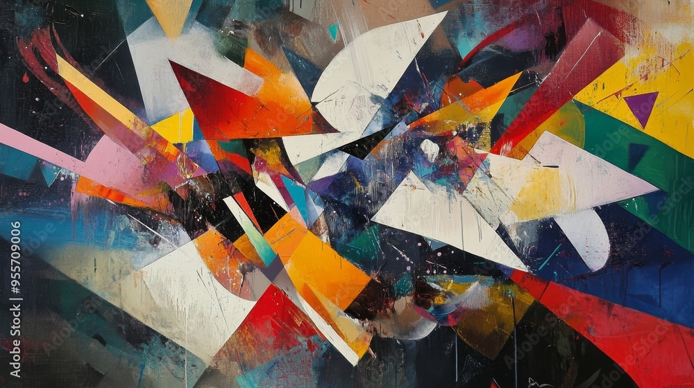 Poster dynamic abstract expressionist artwork featuring chaotic colors and geometric shapes in composition