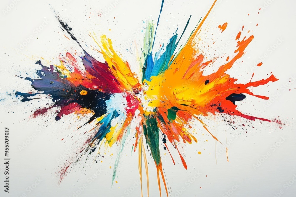 Poster vibrant abstract expressionist artwork of an explosion on a white canvas with colorful splashes