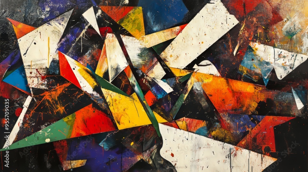 Aufkleber dynamic abstract expressionist artwork featuring chaotic color splashes and geometric shapes