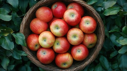 overhead view of rustic woven basket brimming with fresh apples on lush grass mix of red and green varieties emphasizing natural textures and colors soft diffused lighting