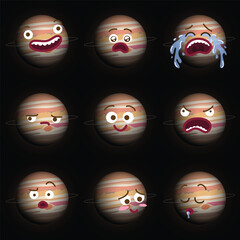 Funny cartoon illustration of Jupiter with different expressions. Smiling surprised crying sad happy angry confused blushing sleeping faces emojis. Flat colors