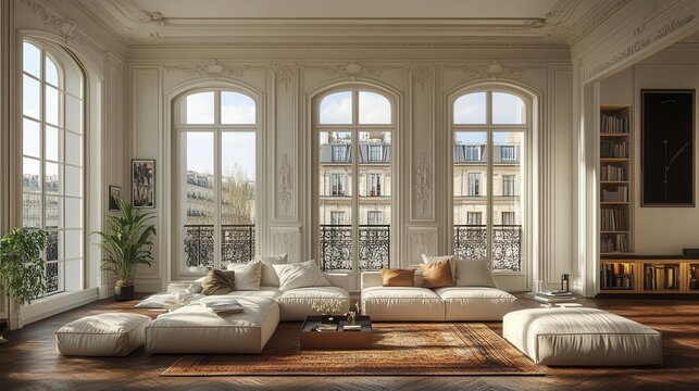 parisian chic meets scandinavian simplicity airy apartment interior blends ornate moldings with minimalist furniture soft natural light enhances fusion of classic and contemporary styles