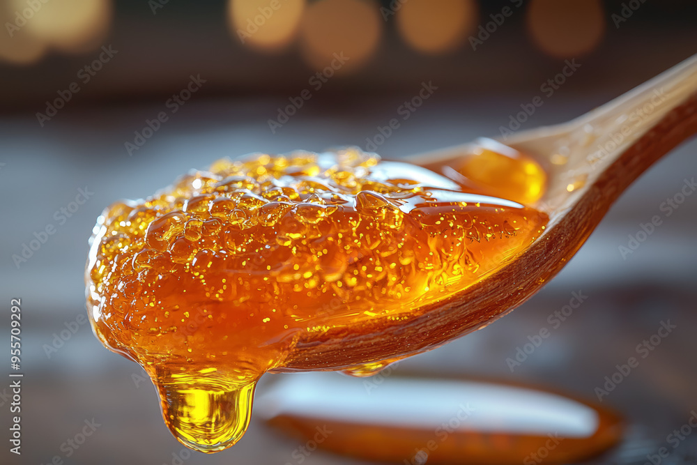 Poster a droplet of honey slowly oozing from a spoon, with its thick, viscous flow creating captivating pat