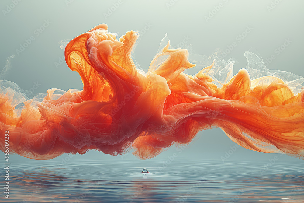 Poster a droplet of ink spreading out in a clear liquid, creating swirling, hypnotic patterns that blend an