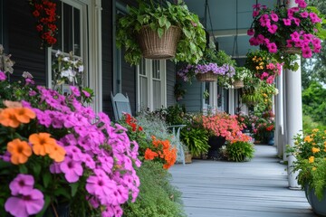 Obraz premium A row of colorful flower pots hang from the porch of a house