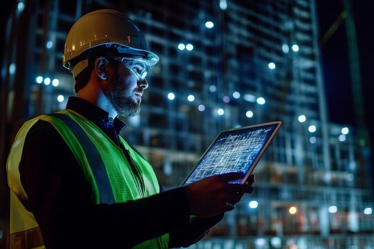 Engineer in high visibility vest and hard hat with holographic map at night on construction site