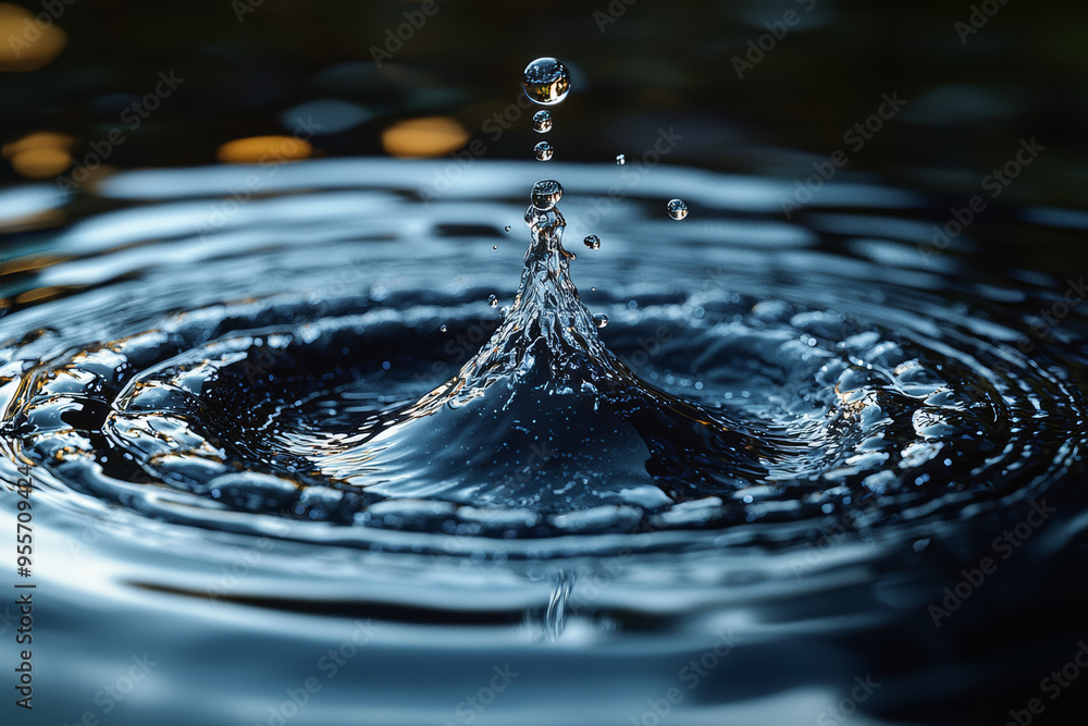 Poster a droplet falling into a dark, reflective surface, creating a sudden splash that distorts light in a