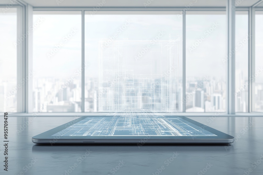 Poster holographic architectural blueprint floating on tablet in bright room with large windows