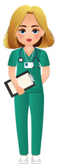 Cute cartoon woman in nurse uniform with different acting character