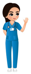 Cute cartoon woman in nurse uniform with different acting character