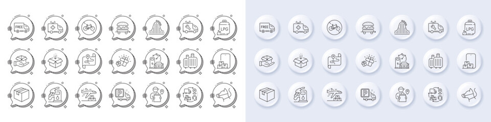 Gas cylinder, Get box and Delivery plane line icons. White pin 3d buttons, chat bubbles icons. Pack of Car service, Supply chain, Hold box icon. Vector