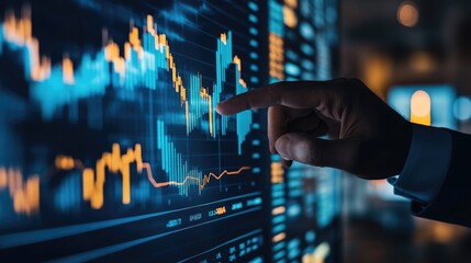 A digital chart showing rising stock prices with a businessman pointing at the graph, symbolizing financial growth and market success.